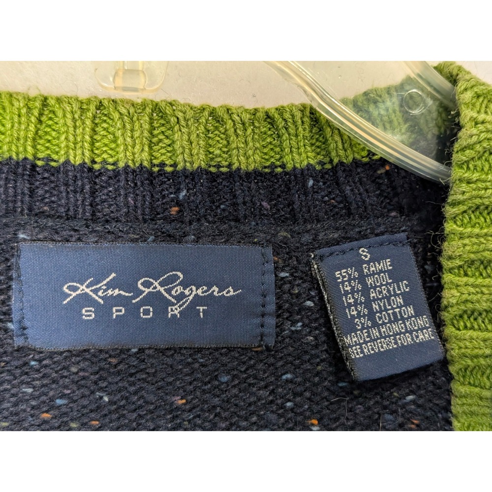S Vintage Kim Rogers Sweater Navy Speckled Knit V-Neck Color Trim Wool Blend - Picture 4 of 7